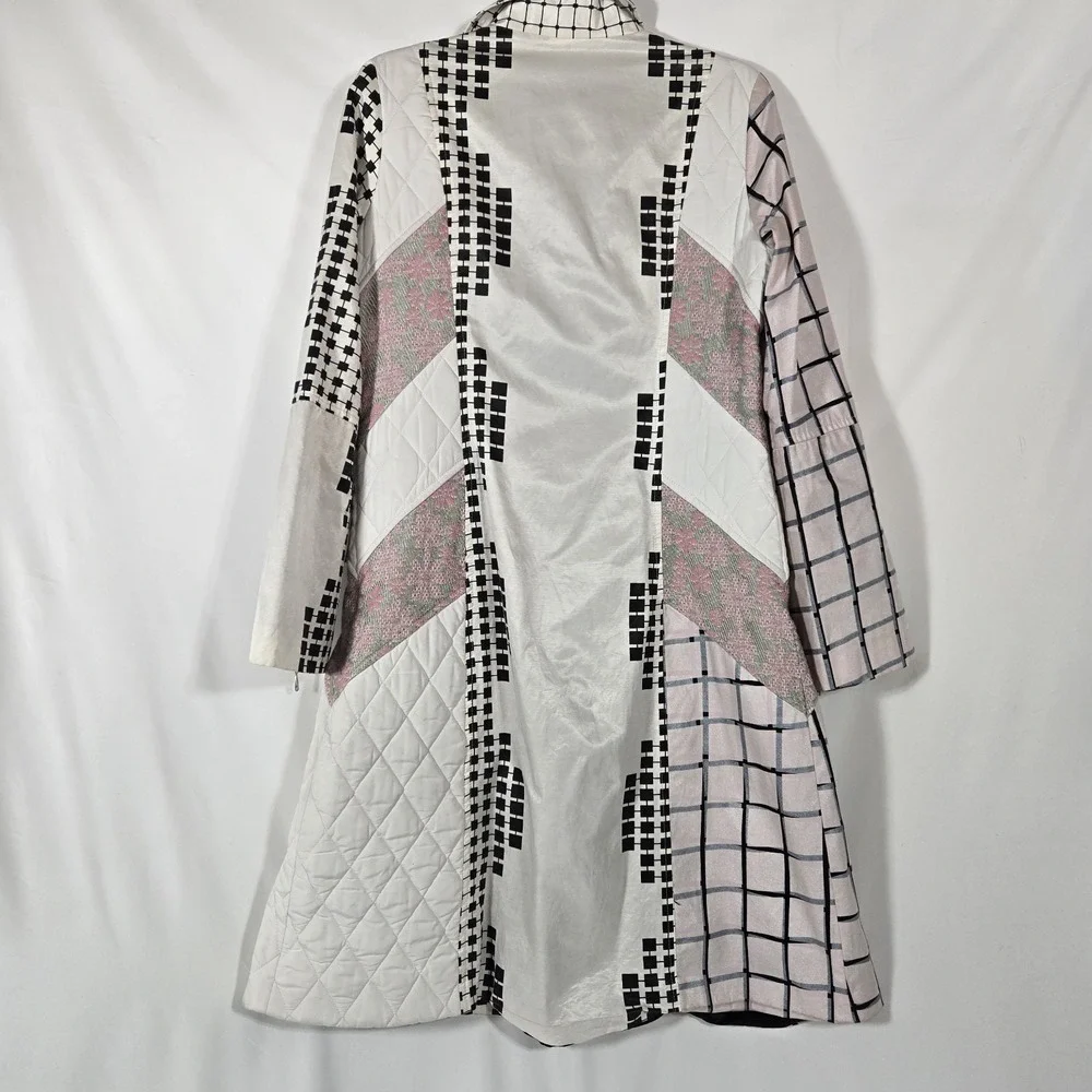 Custo Barcelona Quilted Patchwork Grid Print Art Summer Trenchcoat | Size US 8 - Picture 2 of 14